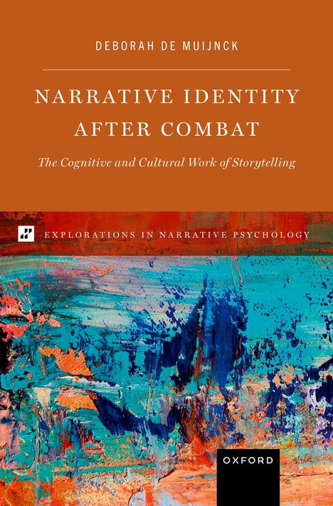 Text: "Deborah de Muijnck, Narrative Identity After Combat, The Cognitive and Cultural Work of Storytelling." Abstrakte Kunst.