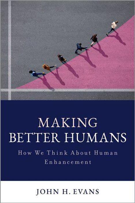 MAKING BETTER HUMANS: How We Think About Human Enhancement. Oben Menschen, die diagonal über ein lila Feld laufen.