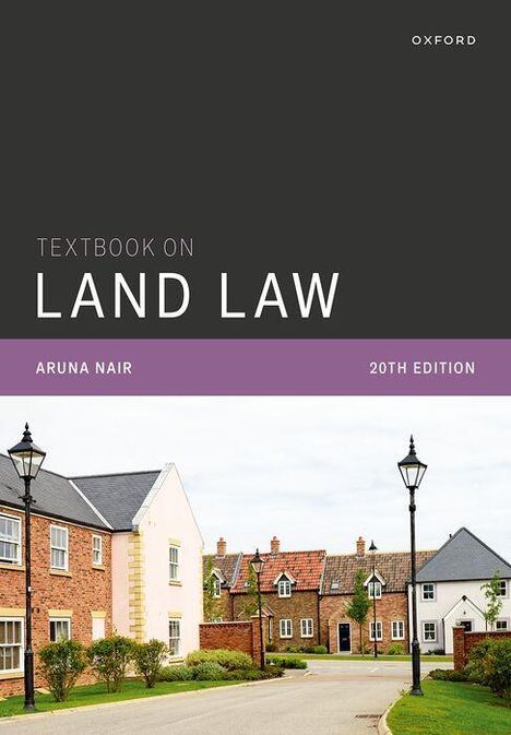 "Textbook on Land Law", "Aruna Nair", "20th Edition". Straßenszene mit Backsteinhäusern und Laternen.