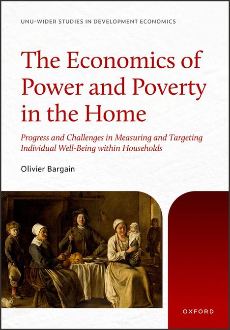 "The Economics of Power and Poverty in the Home" in roter Schrift. Darunter ein Gemälde einer sitzenden Familie beim Essen.