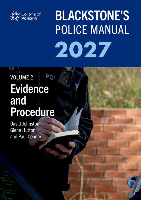 Blauer Streifen: "BLACKSTONE'S POLICE MANUAL 2027". Unten: Polizist in Uniform schreibt in Notizbuch.