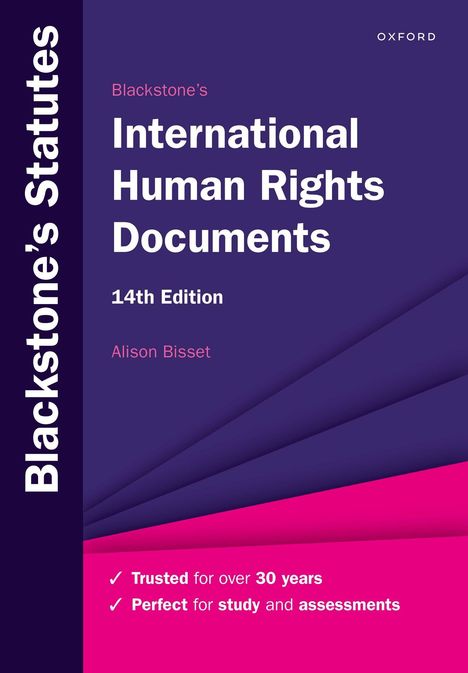 Text in verschiedenen Farben beschreibt ein Buch über internationale Menschenrechtsdokumente, 14. Auflage von Alison Bisset.