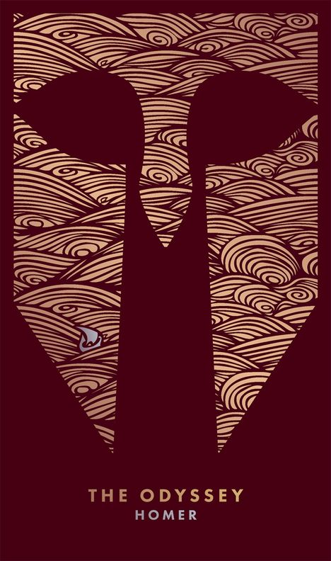 „The Odyssey, Homer“ steht unten in Großbuchstaben. Davor ein Helm aus Wellenmustern.