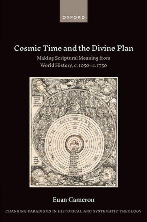 Buchcover mit Titel: "Cosmic Time and the Divine Plan", Autor: Euan Cameron. Illustration mit kreisförmigem, kosmischem Design.