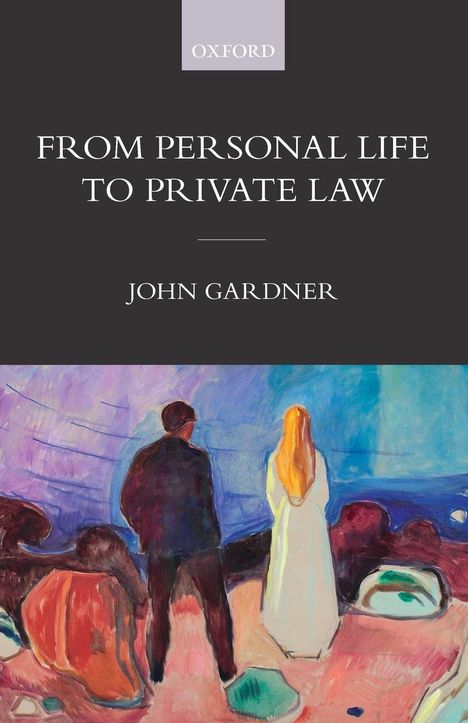 Text: "From Personal Life to Private Law" von John Gardner. Kunstwerk mit zwei Personen am Wasser in intensiven Farben.