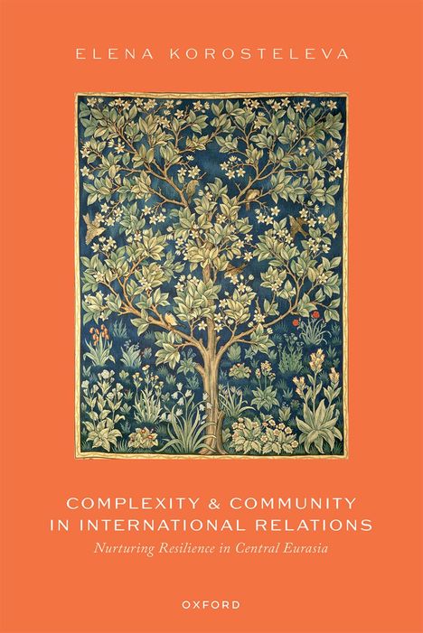 Titel: "Complexity & Community in International Relations". Illustration: Ein Baum auf blauem Hintergrund mit Vögeln und Blumen.