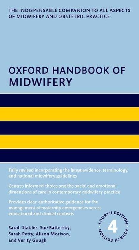 „OXFORD HANDBOOK OF MIDWIFERY“ in dunklem Text auf hellblauem Hintergrund, mit gelben und blauen Streifen darunter.
