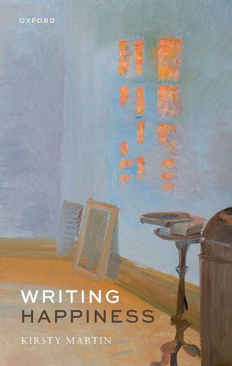 "Writing Happiness - Kirsty Martin", "OXFORD". Ein pastellfarbenes Gemälde eines Raumes mit Fenster und Leuchten.
