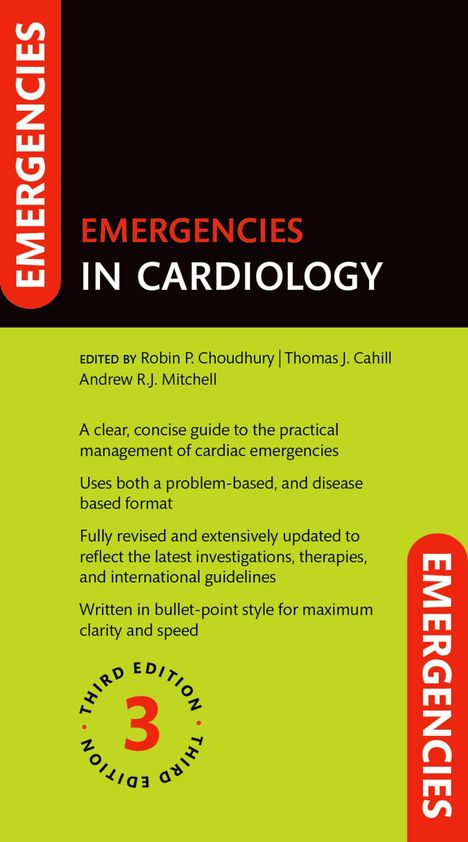 Text: "Emergencies in Cardiology", herausgegeben von drei Autoren. Ein klarer Leitfaden für kardiale Notfälle.