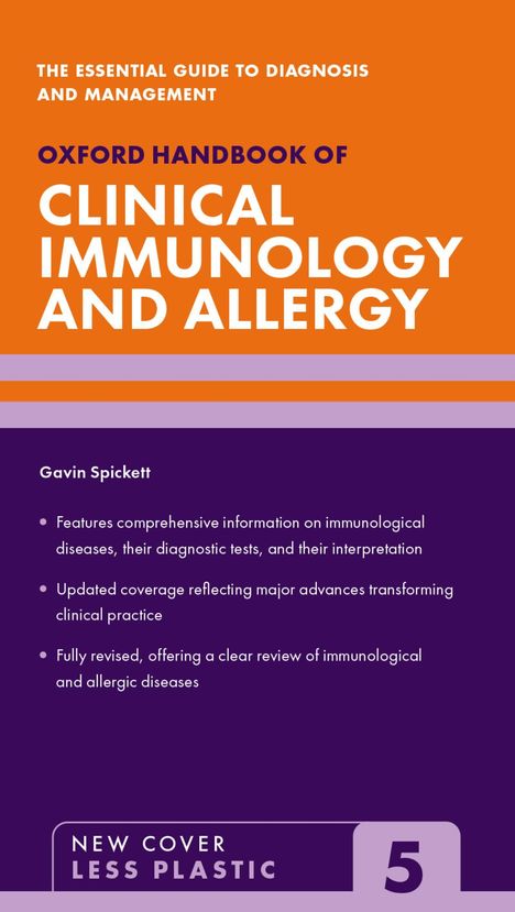 Text: "Oxford Handbook of Clinical Immunology and Allergy". Orange Hintergrund, violetter und weißer Text, moderne Gestaltung.