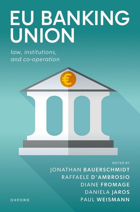 Cover eines Buches mit dem Titel „EU Banking Union“ und einer Illustration eines klassischen Gebäudes mit Euro-Symbol.