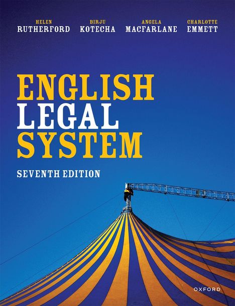 "ENGLISH LEGAL SYSTEM, SEVENTH EDITION." Oben stehen vier Autorennamen. Unten ist ein Zirkuszelt mit gelb-blauen Streifen.
