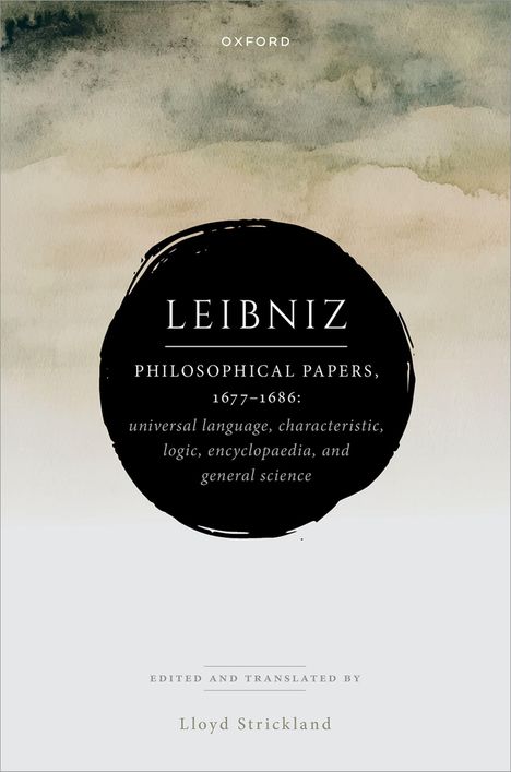 „Leibniz Philosophical Papers, 1677–1686“ in schwarzem Kreis. Hintergrund in sanften Wasserfarben.