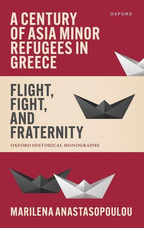Buchtitel in Weiß auf rotem Hintergrund mit Papierbooten: "A Century of Asia Minor Refugees in Greece: Flight, Fight, and Fraternity".