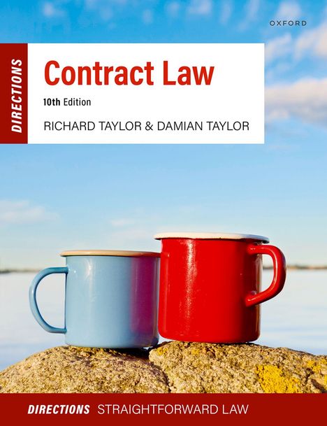 „Contract Law, 10th Edition, Richard Taylor & Damian Taylor.“ Zwei bunte Tassen stehen auf einem Felsen vor blauem Himmel.