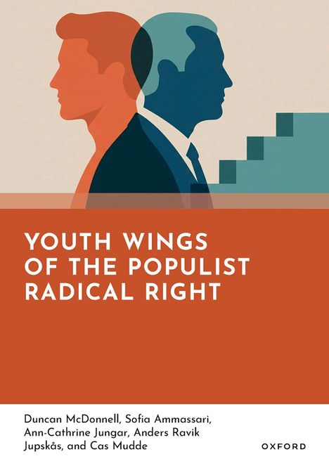 Text: "YOUTH WINGS OF THE POPULIST RADICAL RIGHT." Illustration: Zwei überlappende Männerprofile, orange und blau.