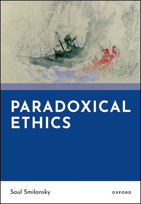 "PARADOXICAL ETHICS," Saul Smilansky. Skizze eines stürmischen Meeres mit einem Schiff und roten Figuren.