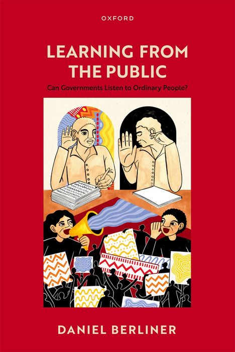 Cover in Rot: "Learning from the Public". Zwei Personen, eine hört hin, die andere ignoriert, unten Protestszene.