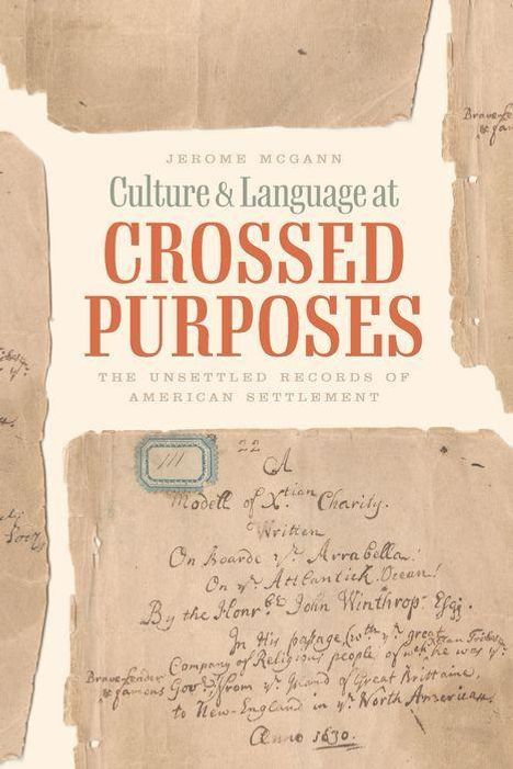 Text: "CULTURE & LANGUAGE AT CROSSED PURPOSES" von Jerome McGann. Hintergrund: alte Papierfragmente mit handgeschriebener Schrift.