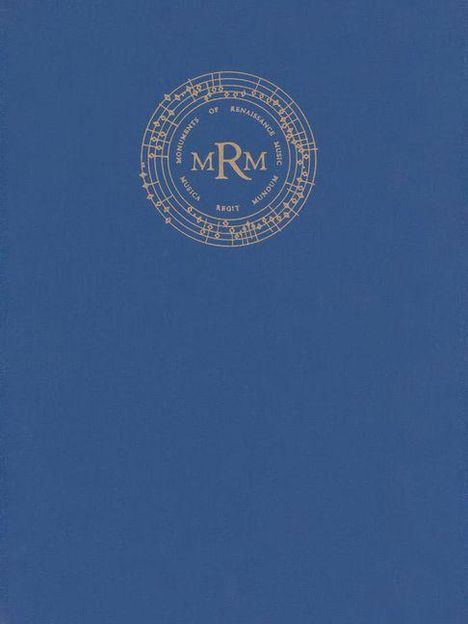 Blauer Hintergrund mit goldenen Notenlinien und Text: "Monuments of Renaissance Music", darin "MRM" zentriert.