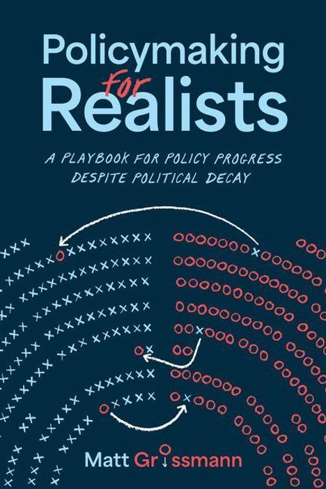 „Policymaking for Realists“: Einleitender Text, Pfeildiagramme mit roten Kreisen und weißen Kreuzen auf dunklem Hintergrund.