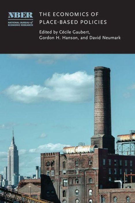 Obenstehend "THE ECONOMICS OF PLACE-BASED POLICIES". Industrielle Skyline mit Schornstein, Wolkenkratzer im Hintergrund.
