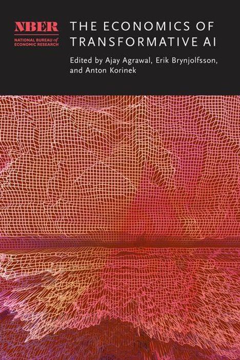 "THE ECONOMICS OF TRANSFORMATIVE AI" von Ajay Agrawal, Erik Brynjolfsson, Anton Korinek. Abstrakte Linie-Muster.