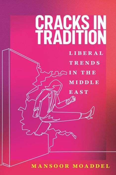 CRACKS IN TRADITION: LIBERAL TRENDS IN THE MIDDLE EAST, Mansoor Moaddel. Illustration: Person tritt durch Wand.