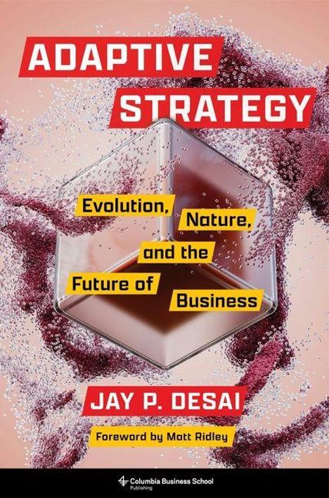 „ADAPTIVE STRATEGY“ in großen roten Buchstaben. Ein Hexagon in der Mitte mit dunklem Hintergrund und rosa Wellen.