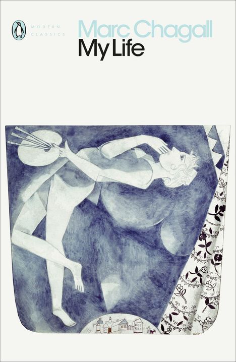 "Marc Chagall My Life" steht oben. Eine abstrakte Illustration zeigt eine Person mit Palette und Pinsel.