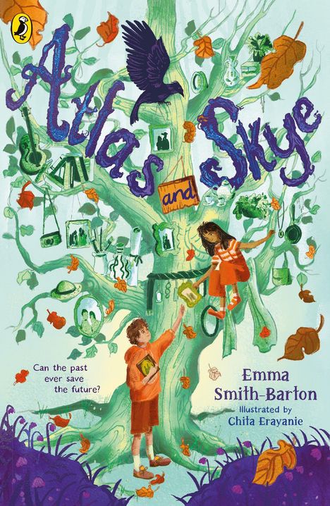 "Atlas and Skye", "Can the past ever save the future?". Illustration: Kinder an einem Baum, umgeben von Gegenständen und Blättern.