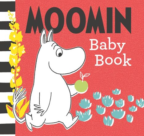 „MOOMIN Baby Book“ in dicker Schrift auf rotem Hintergrund. Zeichnung: Mumin hält einen grünen Apfel, umgeben von Blumen.