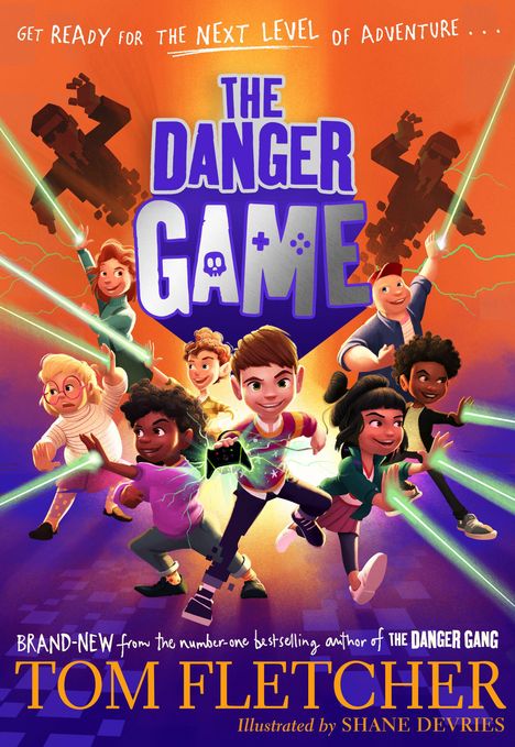 "The Danger Game" zeigt animierte Kinder mit einem Videospiel-Controller und leuchtender Energie auf orange-violettem Hintergrund.