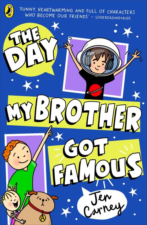 Text: "The Day My Brother Got Famous". Illustration: Kinder fröhlich, ein Junge mit Kopfhörer, ein Hund. Spielerisches Design.