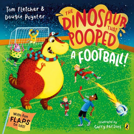 „The Dinosaur That Pooped a Football!“ zeigt einen fröhlichen Dinosaurier auf einem Fußballfeld mit spielenden Kindern.