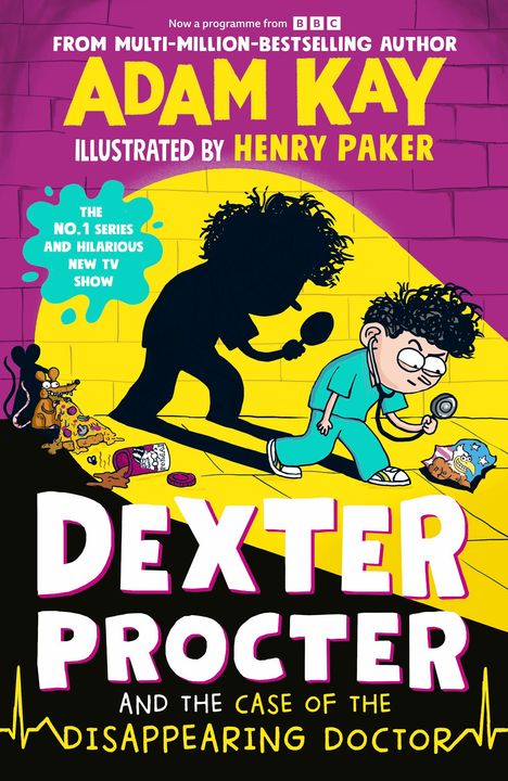 "DEXTER PROCTER AND THE CASE OF THE DISAPPEARING DOCTOR" steht mit comicartiger Illustration: Junge mit Stethoskop, Schatten.