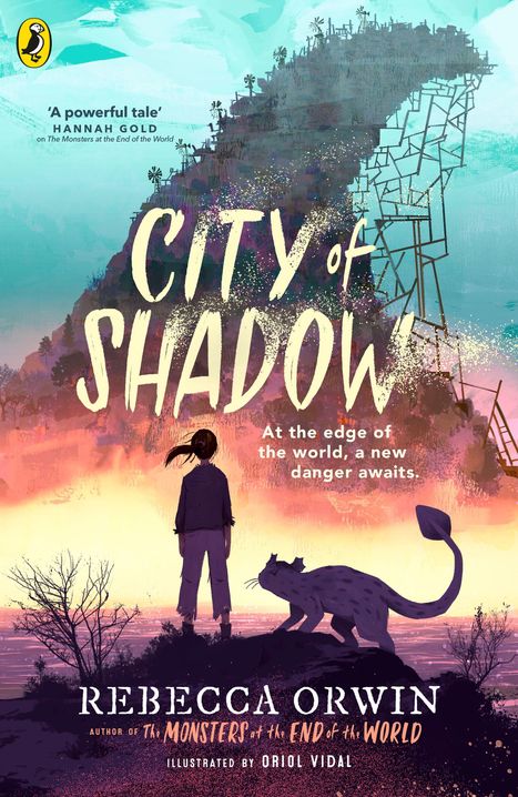 „City of Shadow“ steht in großen Buchstaben. Darunter ein Berg mit Windrädern, davor ein Kind und eine Katze.