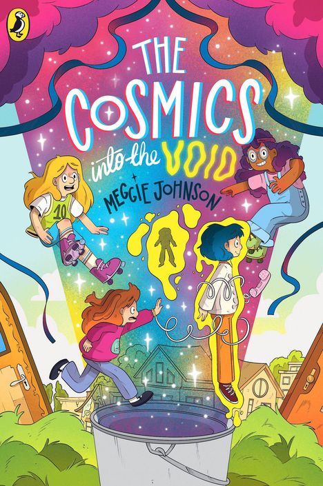 "The Cosmics into the Void" von Meggie Johnson. Illustration mit vier Kindern in bunter, kosmischer Umgebung.