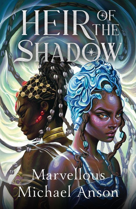 "HEIR OF THE SHADOW" oben. Darunter "Marvellous Michael Anson". Zwei stilisierte Figuren, mit kunstvollen Kopfschmuck.