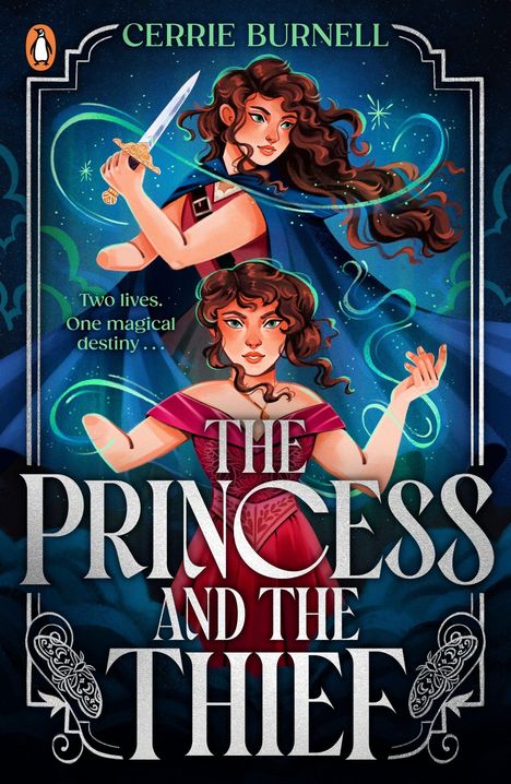 Titel: "The Princess and the Thief". Zwei Frauen, eine mit Dolch, eine in rotem Kleid. Fantasievolle, magische Illustration.