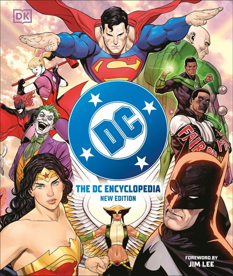 "The DC Encyclopedia New Edition". Illustration bekannter Superhelden und Superschurken um ein großes DC-Logo.