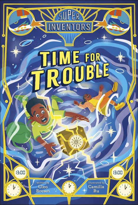 "Super Inventors: Time for Trouble". Zwei Kinder wirbeln in einer blauen, wirbelnden Umgebung mit einem goldenen Gerät.