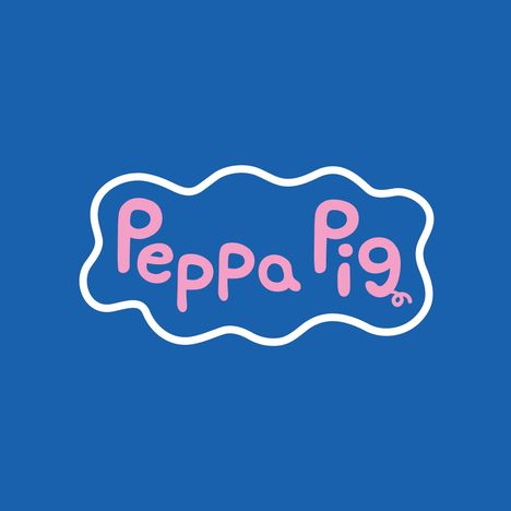Der Text "Peppa Pig" in rosa, umgeben von einer weißen, wolkenförmigen Umrandung auf blauem Hintergrund.