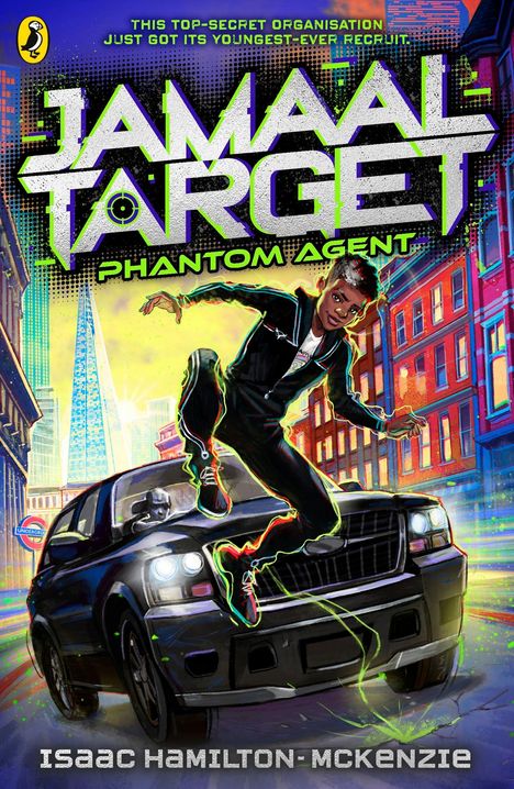 Text: "JAMAAI TARGET, PHANTOM AGENT, ISAAC HAMILTON-MCKENZIE". Illustration: Junge springt über SUV in bunter Stadt.