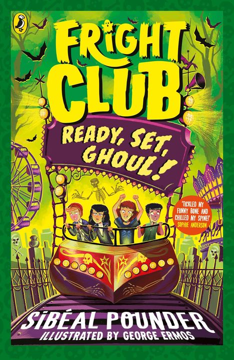 "Fright Club: Ready, Set, Ghoul!" Vier Kinder in einer Geisterbahn, umgeben von grünen, gelben Tönen und Fledermäusen.