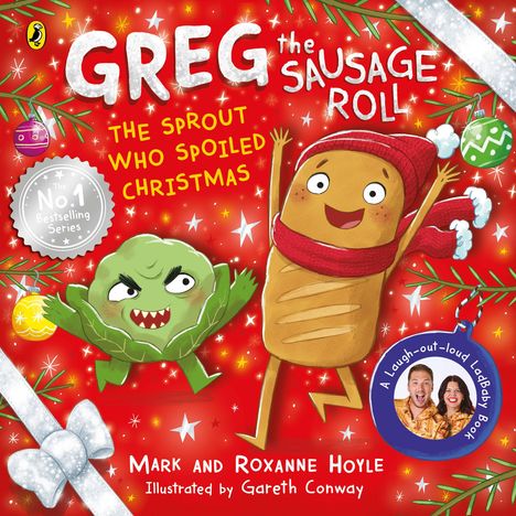 "Greg the Sausage Roll: The Sprout Who Spoiled Christmas." Eine Wurstrolle in Mütze, wütender Spross, weihnachtlicher Hintergrund.