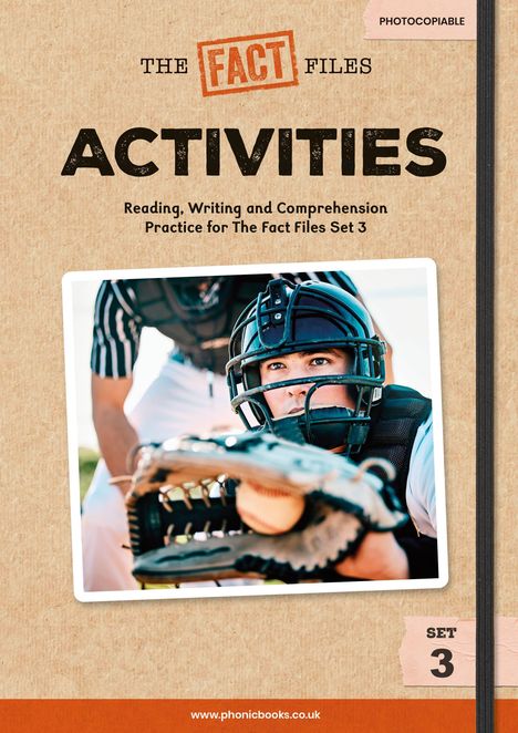 Text: "The Fact Files", "Activities", "Set 3". Ein Baseballspieler fängt einen Ball mit einem Handschuh.