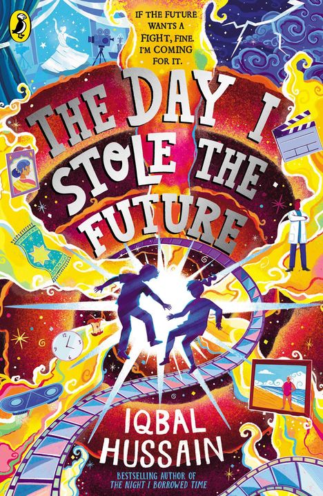 Buchtitel: "The Day I Stole The Future". Visualisiert in lebhaften Farben mit zwei Figuren und Elementen der Zeitreise.