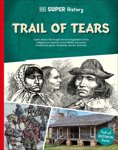 "TRAIL OF TEARS" in großen Buchstaben. Illustrationen und Fotos zeigen indigene Menschen, einen historischen Umzug und eine Hütte.