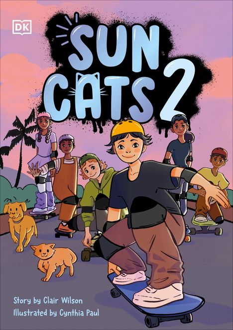 „SUN CATS 2“. Kinder auf Skateboards, begleitet von einem Hund und einer Katze, im Sonnenuntergang.